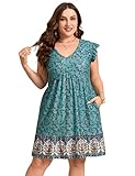 ShopWonder Womens Plus Size Casual V Neck Dress Loose Swing Ruffle Summer Boho Midi Dress with Pockets Turquoise Flower 2XL