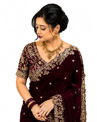 Image of DESTY Saree with Intricate Gold Embroidered Border & Designer Blouse