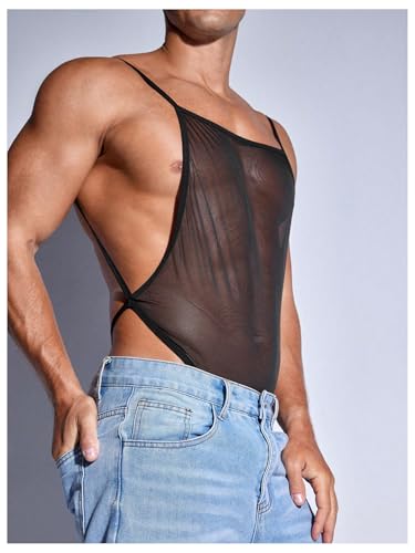 Men's Men's Sheer Mesh Sexy Bodysuits See Through High Cut Thong Leotard Singlet2
