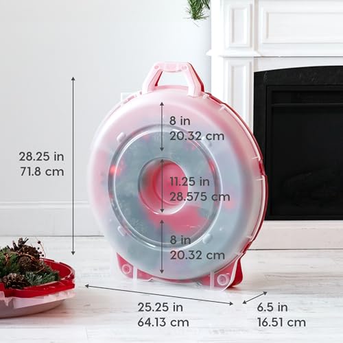 Image of IRIS USA 24 inch Wreath Storage Container With Latches and Handle, 2 Pack, For Holiday Garland /Wreath, Holiday Decorations, and Heavy Duty, Portable, High Protection, and Space Saving Storage, Clear /Red