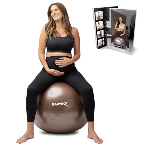 BABYGO Birthing Ball - Pregnancy Yoga Labor & Exercise Ball & Book Set Trimester Targeting Maternity Physio Birth & Recovery Plan Included Anti Burst Eco Friendly (Mocha 65cm)