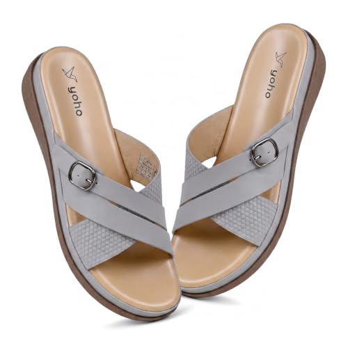 Image of YOHO Evergreen Slides Cross Strap Sandals for Women | Stylish, Comfortable Orthopedic & Anti Skid | Office, Summer, Beach, Casual Wear Flats for Ladies /Girls