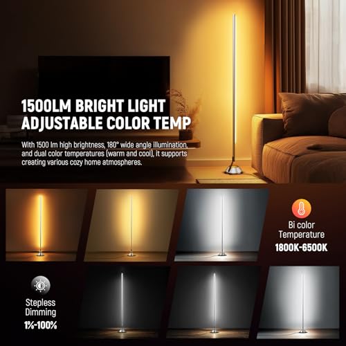 Image of NEEWER Smart RGB IC W Floor Lamp, 1500lm LED Standing Corner Light Compatible with Alexa Google, APP Control /AI DIY /Music Sync /16 Million Colors, Ambience Lighting Bedroom Living Room Home Decor, NF01