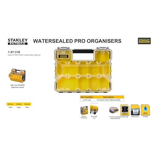 STANLEY FATMAX Waterproof 10-Compartment Deep Professional Tool Organiser, Removable & Stackable Deep Storage Cups with Transparent Lid, for Small Parts and Tools Storage, 1-97-521