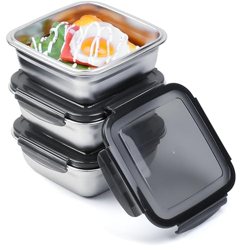 Image of 3 Pack Sandwich Containers, 24oz Stainless Steel Sandwich Box with Airtight Lids, BPA-Free, Dishwasher Safe, Durable & Reusable Metal Meal Prep Lunch Boxes for Fruits, Snacks, Bento (Black)