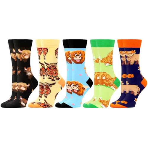 WeciBor Lustige Socken Damen Bunt Tiersocken 5 Paar Witzige Geschenk Highland Cow Motiv, Größe 39-42