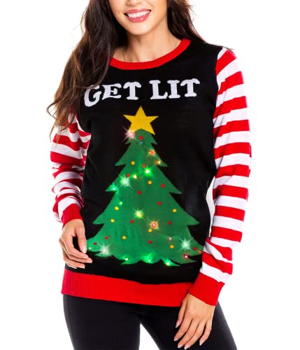 Tipsy Elves Women's Light Up Christmas Sweater - Black Lit Funny Ugly Christmas Sweater Female: Medium