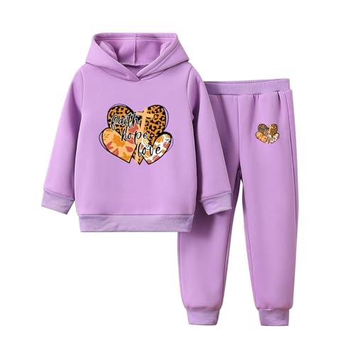 Girls 2 Piece Clothes Set Cute Leopard Heart Print Kids Hoodie and Jogger Set for Fall Winter 3-8Y
