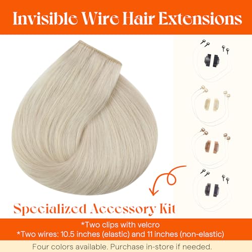 Sunny Hair Wire Hair Extensions Real Human Hair Fish Line Human Hair Extensions Invisible Wire Extensions Platinum Blonde #60 16 Inch