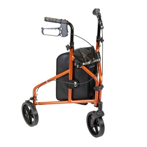 NRS Healthcare Ultra Lightweight 3 Wheel Rollator with Lockable Brakes, Folding & Height Adjustable with Bag, Aluminium Walking Aid 4.5kg (9.9lbs) – Orange