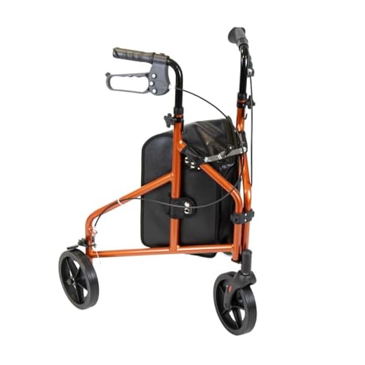 NRS Healthcare Ultra Lightweight 3 Wheel Rollator with Lockable Brakes, Folding & Height Adjustable with Bag, Aluminium Walking Aid 4.5kg (9.9lbs) – Orange