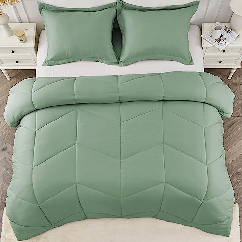 Mildly Queen Comforter Set - Sage Green Bedding Comforter Sets 100% Washed Microfiber Super Soft 3 Pcs, All Season Fluffy Lightweight Down Alternative Quilted Comforter 88X88 Inches, 2 Pillow Shams #TOP14