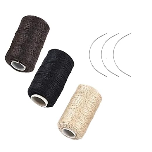 3 Rolls Hair Weaving Thread Cotton Sewing Thread Making Wig Clips in Hair Extension Hair Salon Weft Thick Black Brown Beige Thread with 3 Curved Needles (Mixture Colors)
