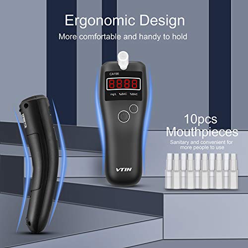 VTIN BAC Breathalyzer to Test Alcohol with Respiration Interruption Monitoring, Portable Breath Alcohol Tester with Ergonomic Design & 10pcs Mouthpieces for Personal & Professional Use
