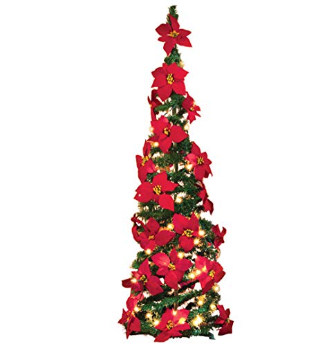 Collections Etc. Lighted Holiday Poinsettia Pull-Up Christmas Tree with Red Poinsettias, White Lights and Greenery