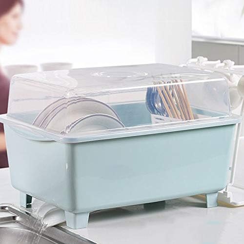 Kitchen Portable Drain Rack with Rotatable Nozzle, Plastic Cutlery Rack with Lid, Heat-resistant and Non-slip