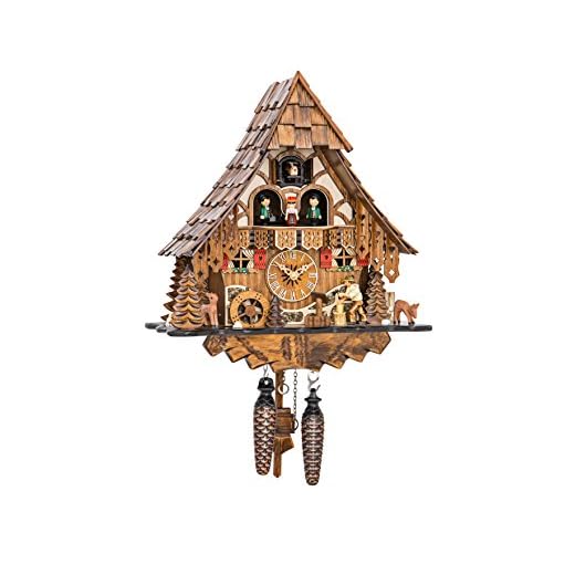 Engstler Quartz Cuckoo Clock Black Forest House with Moving Wood Chopper and Mill Wheel, with Music EN 4661 QMT