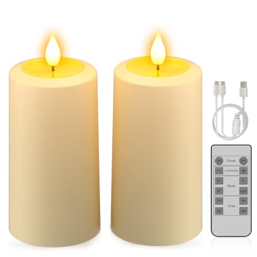 PChero Lot de 2 grandes bougies piliers rechargeables à LED blanches sans flamme vacillante avec télécommande et minuterie, pour l'extérieur, étanche,...