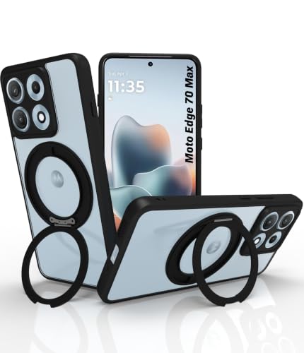 Image of RIGGEAR Shockproof Sleek Hybrid Armor 360 Rotating Magnetic Ring Stand Back Cover Case Compatible with MagSafe Accessories for Motorola Moto Edge 70 Max 5G (Clear PC + Black TPU Bumper)