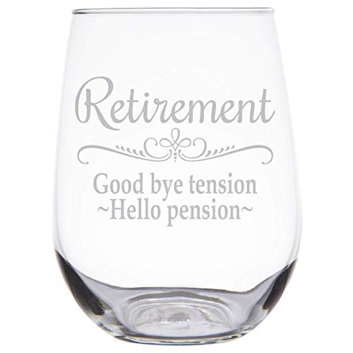 Deep Etched Retirement Gift Stemless Wine Glass for Women, Goodbye Tension, Hello Pension Etched White Wine Glass - SG16