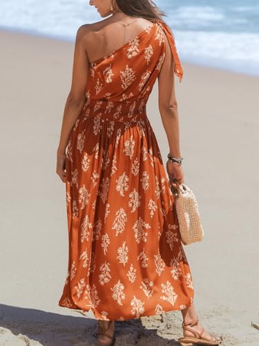Image of CUPSHE Women's One Shoulder Floral Printed Sleeveless Smocked Waist Maxi Dress Summer Boho Long Dress