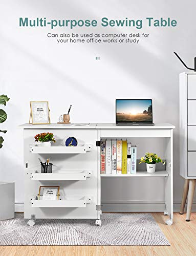 Kealive Foldable Sewing Table, Sewing Craft Cart with Adjustable Storage Shelves and Lockable Casters, Easy Assemble Multi-Function Wood Sewing Desk for Small Space, White