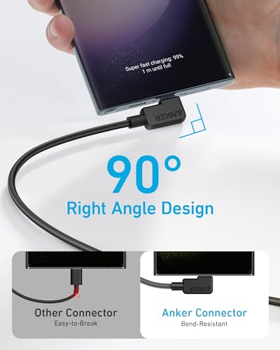Anker USB C to USB C Right Angle Cable, 240W 90 Degree Type-C Braided Charging Cord for iPhone 17 Series and More (2Pack 6FT Black)