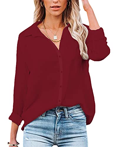 NONSAR Blusa para Mujer de Manga Larga y, Cuello de Pico, con Botones, Elegante, Informal, para Trabajo, Camisa de Manga Larga, Rojo Oscuro, XXL