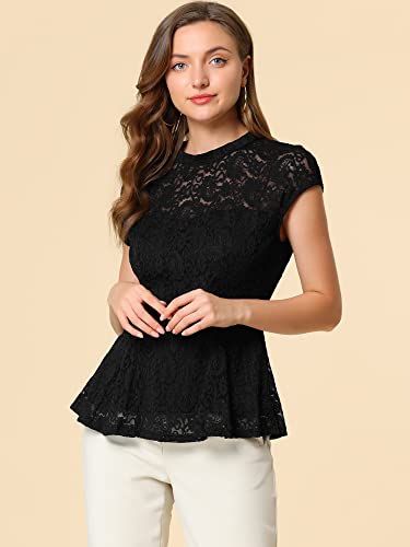 Allegra K Women's Crochet Peplum Floral Crochet Mock Neck Tops Cap Sleeve Lace Blouse4