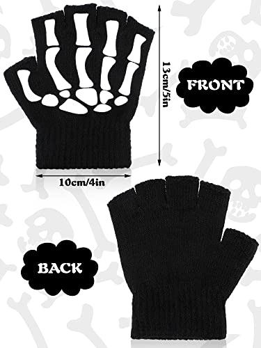 Bencailor 2 Pairs Halloween Glow in the Dark Fingerless Gloves Skeleton Knitted Skull Gloves Cosplay Costume Accessories3