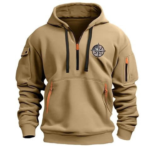 Image of Generisch Hoodie Men's Hoodie with Zip Embroidered Patch on the Arm Pullover Hoodie College Hoodie, khaki, M