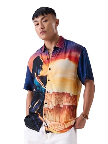 Image of The Souled Store Official DC: Caped Crusader Mens and Boys Relaxed fit Graphic Printed Half Sleeve Rayon Multicolored Holiday Shirts (217670) Holiday Shirts Fashionable Trendy Graphic Prints Pop