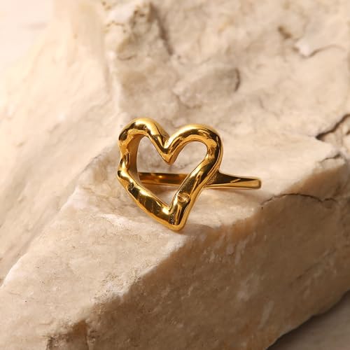 Loqimu Irregular Hammered Hollow Heart Rings Gold Stainless Steel Statement Rings For Women Teen Girls Minimalist Stackable Midi Rings Size 6 7 8 Wedding Finger Jewelry thumb #5