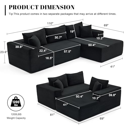 110” Cloud Sectional Couch, Boneless Sofa for Living Room, Modular Sectional Sofa with Deep Seat, Comfy Fluffy Couch with L-Shaped Chaise, No Assembly Required (Right-Facing Chaise, Black)