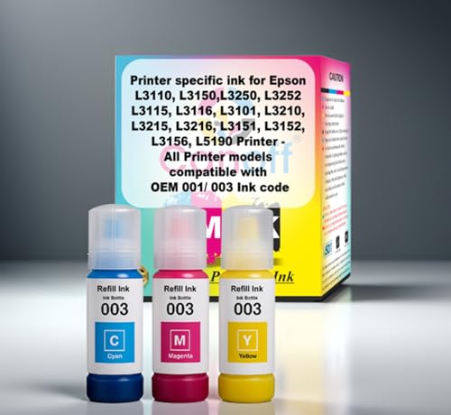 Image of CANOFF 003 Refill Ink Bottle Compatible for Epson L3110,L3150,L3250,L3252,L3115,L3116 Ink Tank Printers - High Yield,Long-Lasting,Easy to Refill Ink for Smooth Printing (003 CMY)