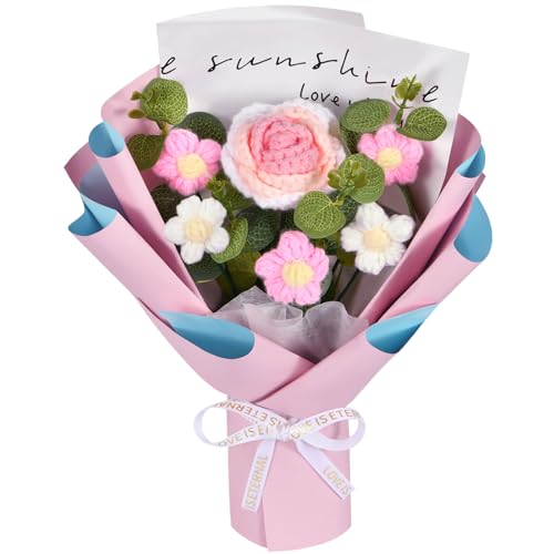 ZUXOLBIN Crochet Bouquet Handmade Artificial Sunflowers Knitted Bouquet for Mother's Day Knitted Eternal Fake Bouquet Gift for Festival Wedding Graduation Party (Pink)