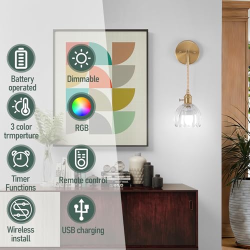 Image of Vintage Battery Operated Wall Sconces Sets Of Two, Indoor not Hardwired Transparent Tulip Glass Lampshade Fixtures, Rechargeable Wireless RGB Wall Lights with Dimmable Remote, for Bedroom Living Room
