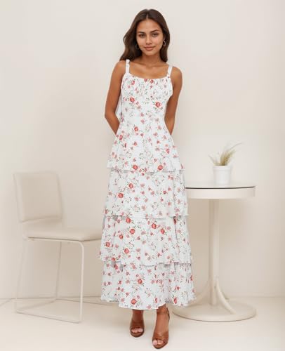 Image of Tiered Ruffle Dress Women Casual Summer Spaghetti Strap Sleeveless Floral Layered Maxi Dress for Women Beach Sundress