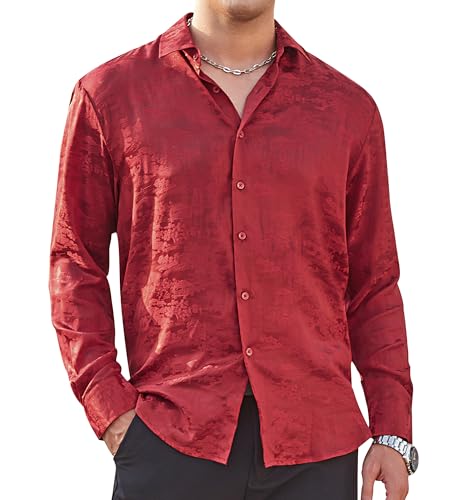 Alex Vando Mens Luxury Satin Dress Shirt Long Sleeve Silk Shiny Sateen Party Shirt