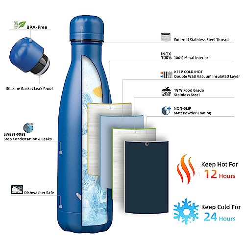 Image of Konokyo Insulated Water Bottles,17 oz Double Wall Stainless Steel Vacumm Metal Flask for Sports Travel,Blue