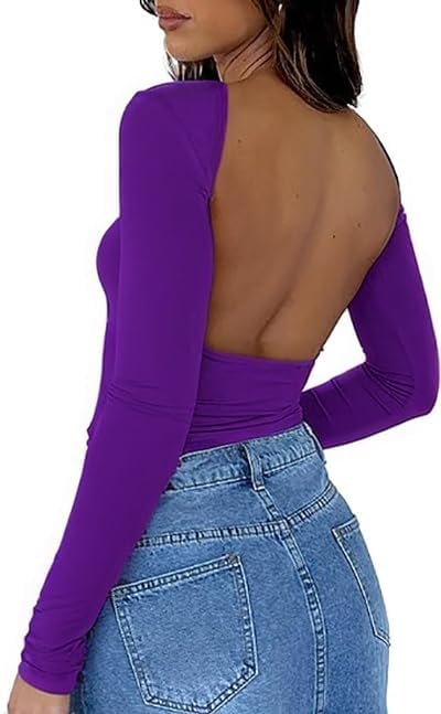ForeFair Women Sexy Backless Short Sleeve Slim Fit Crewneck Summer Casual Y2K Crop Tee