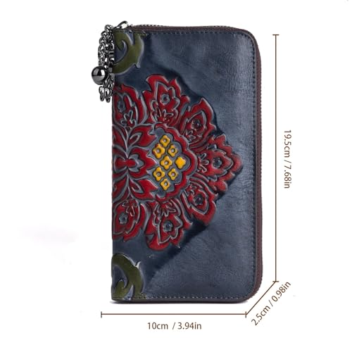 Women Long Wallet Vintage Embossing Ethnic Style Card Holder Genuine Leather Clutch Large Capacity Multi Pocket Purse (Black)3