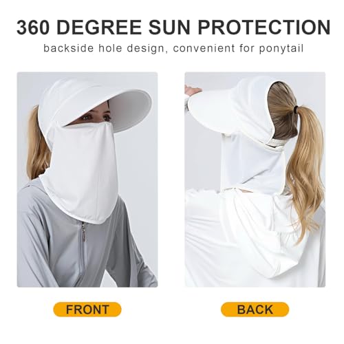 Image of Women Wide Brim Face Mask Sun Hat Detachable Neck Face Flap Ponytail UV Protection Visor Hat Garden Fishing Hiking