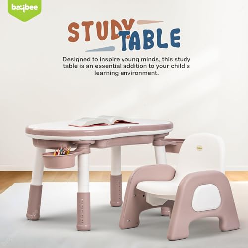 Image of BAYBEE DreamDesk Kids Study Table for Students with Chair 6 Height Adjustable Table | Desk & Chair Set for Kids at Home or School | Reading & Writing Study Table for Kids 2 to 10 Years (White Pink)
