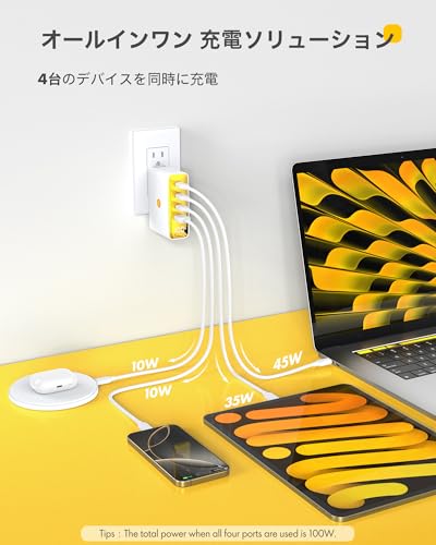 Shell 100W 急速充電器 Type-c 4ポート変換プラグ付き EU UK AU US 海外旅行用【折り畳み式/LEDディスプレイ搭載/GaNIII技術/超低温/PSE技術基準適合】MacBook/iPad/iPhone/Galaxy/Androidなど多機種対応