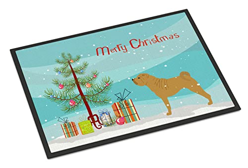 Caroline's Treasures BB2970JMAT Shar Pei Merry Christmas Tree Doormat 24x36 Front Door Mat Indoor Outdoor Rugs for Entryway, Non Slip Washable Low Pile, 24H X 36W
