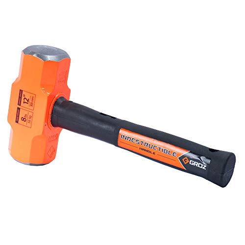 GROZ Heavy Duty 8lb Sledge Hammer with 12-Inch Indestructible Handle | Hard Face Steel Head 52 HRC | Steel Locking Plate | Hi-Visibility Head | Vulcanized Rubber Handle (34522)