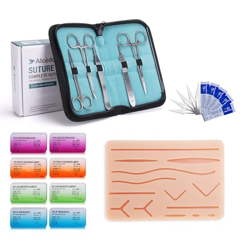 Alcedo Suture Practice Kit for Medical Students, Complete Set (32 Pieces) Include Durable Regular Suturing Pad with Pre-Cut Wounds, Tools Kit, and Suture Threads for Educational Use Only