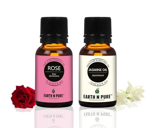 Image of Earth N Pure Jasmine & Rose Essential Oils | Pack of 2 (15 ml each) | 100% Pure, Undiluted, Natural and Therapeutic Grade - Perfect for Aromatherapy, Skin Therapy & More