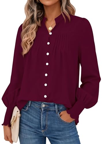 PRETTYGARDEN Fall Lantern Long Sleeve Shirts for Women 2025 Trendy Button Vneck Pullover Henley Tops Dressy Work Blouses